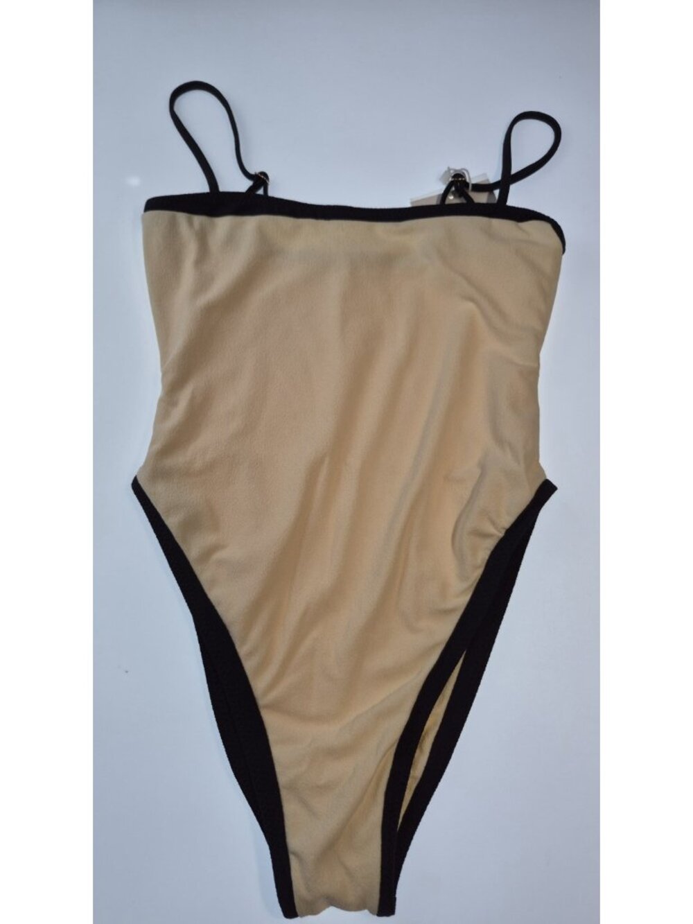 SAME LA One Piece Swimsuit NWT Size S Beige Black Faux Suede Cut Out Sides